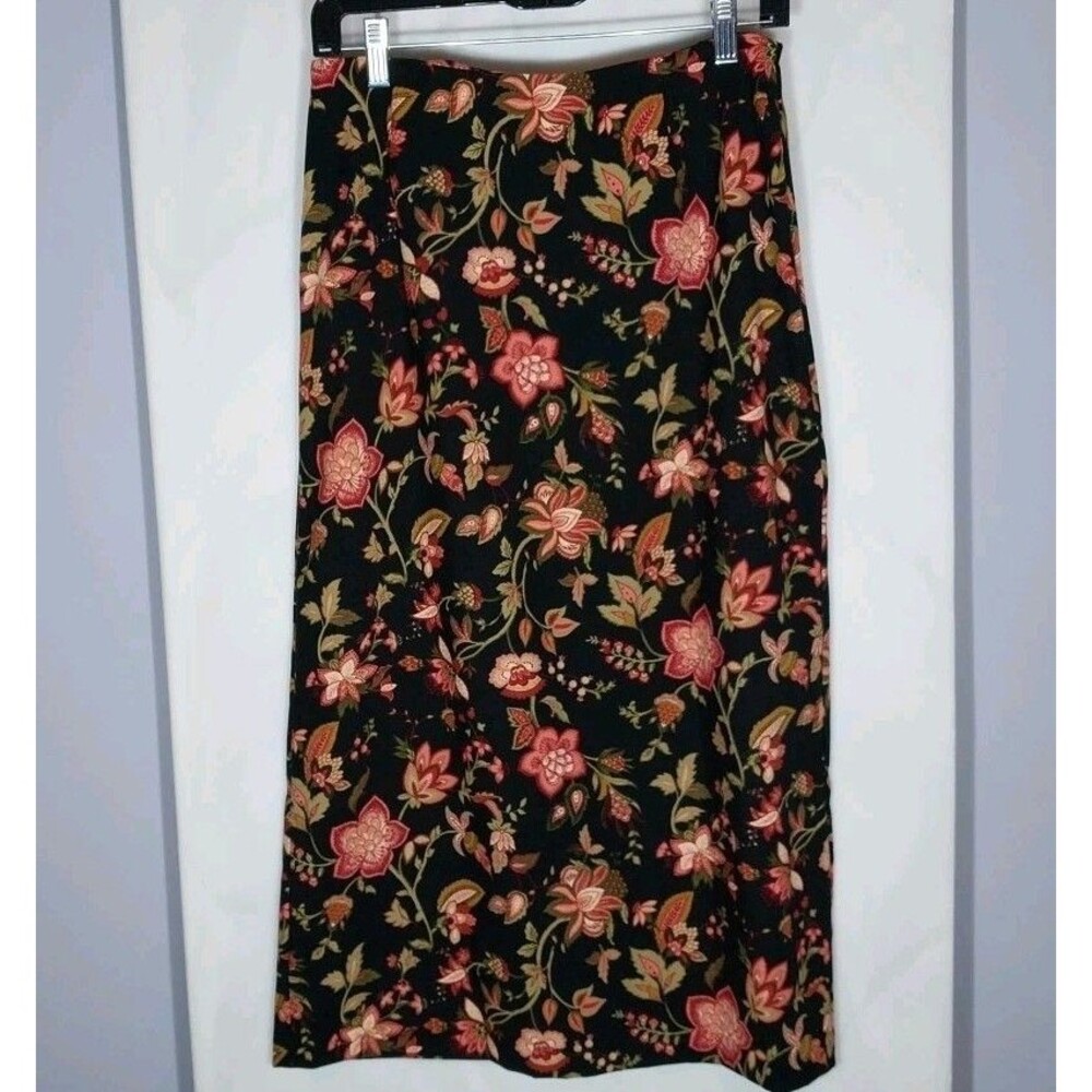 Studio Works Petite Floral Midi Skirt 8P Black Career Office Boho Back Slit